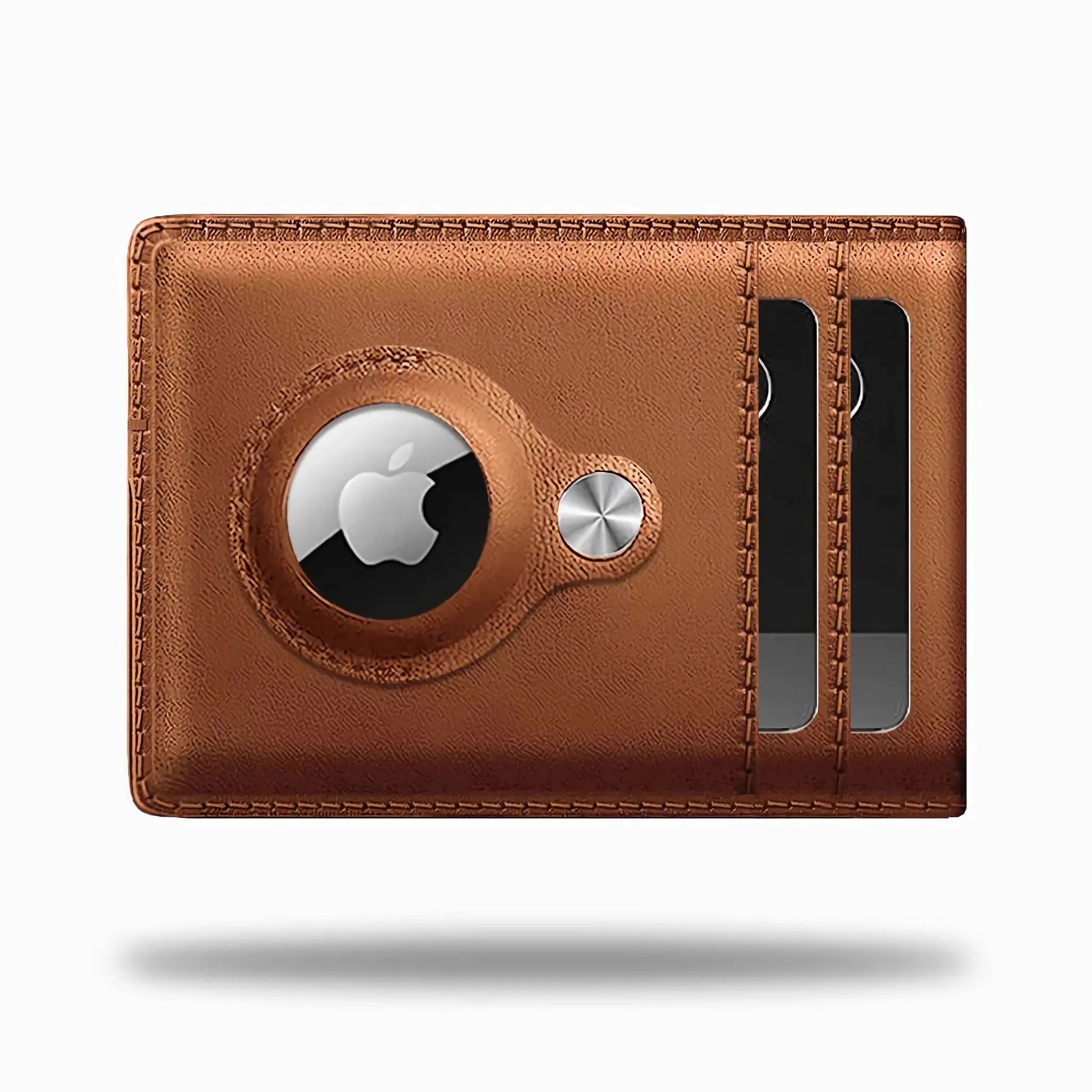 Minimify Bifold AirTag Wallet in Saddle Brown premium leather with AirTag holder and card slots