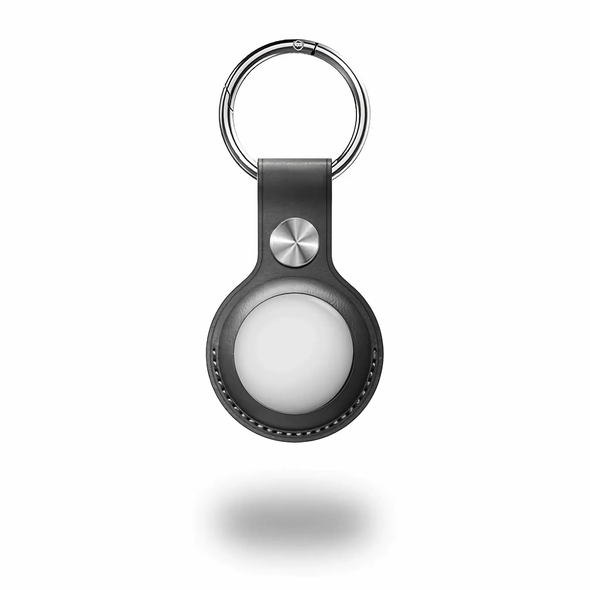 Back view of Minimify AirTag Keychain in Midnight Black premium leather showing stitched design
