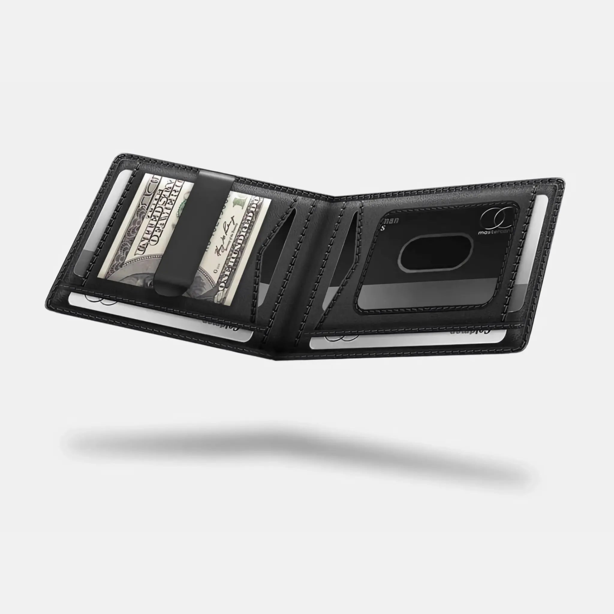 Inside view of Minimify Bifold AirTag Wallet in premium leather with cash clip and card slots