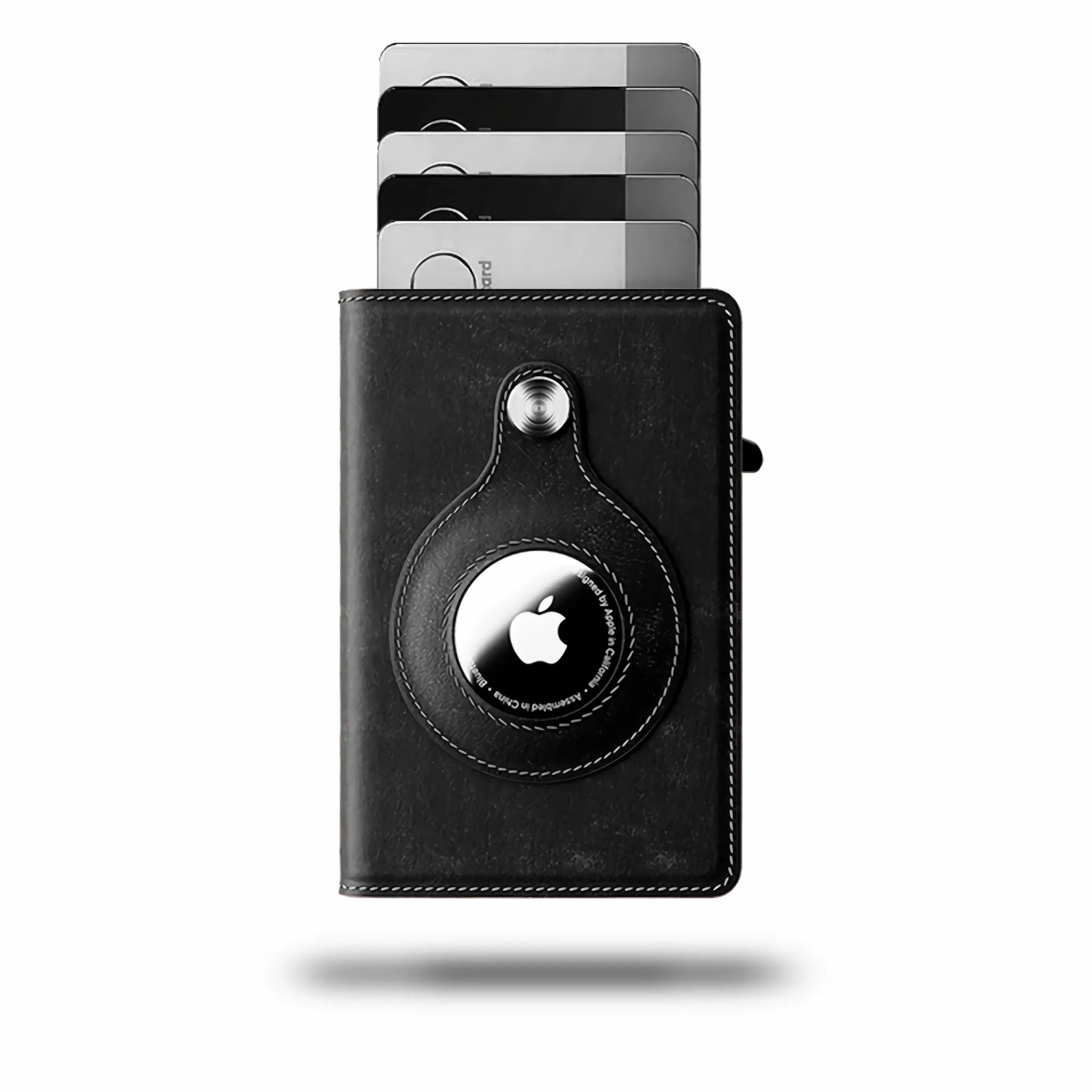 Minimify Pro AirTag Wallet in Midnight Black leather with card ejection mechanism and AirTag holder