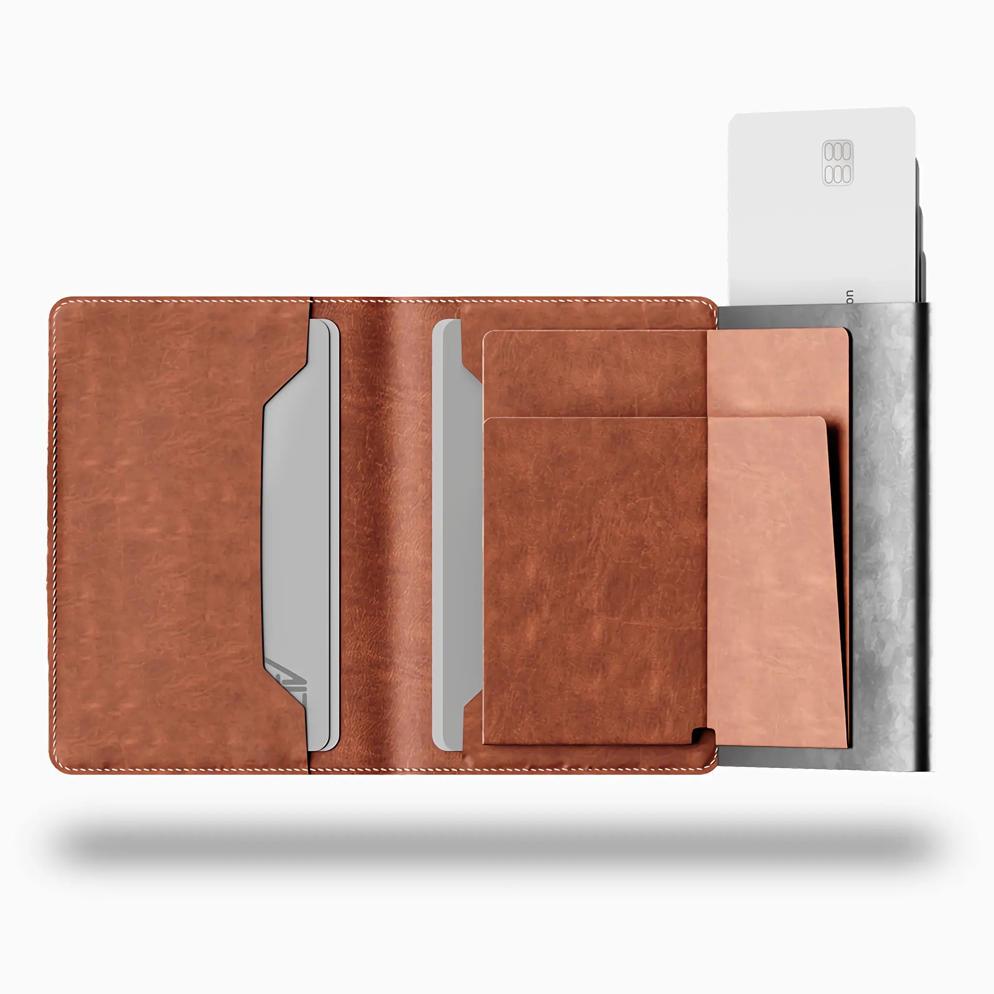 Interior of Minimify Pro AirTag Wallet in Saddle Brown leather with multiple card slots and ejector feature
