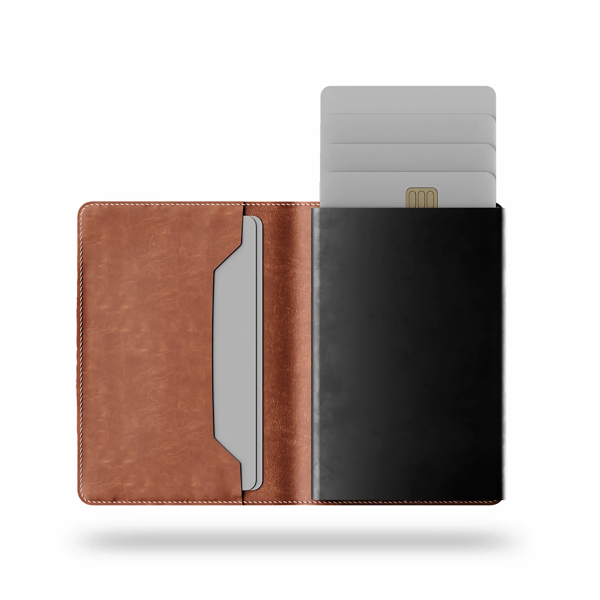 Inside view of Minimify Pro AirTag Wallet in premium leather with card storage and ejector slot