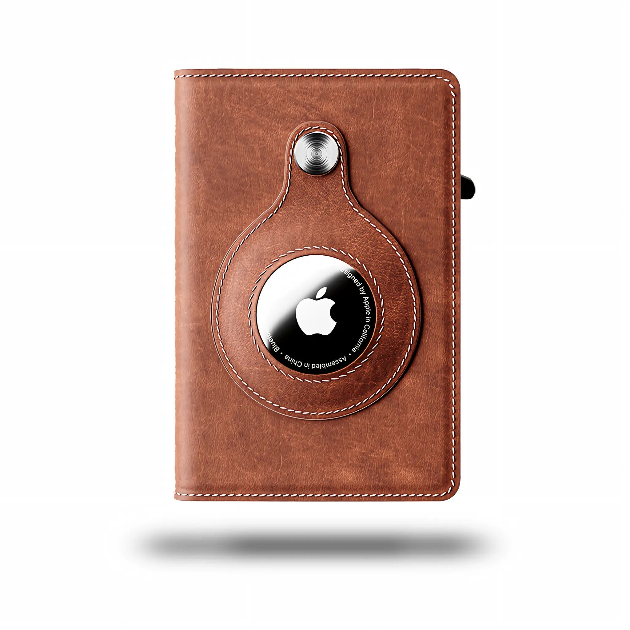 Minimify Pro AirTag Wallet in Saddle Brown leather showing front design with AirTag holder