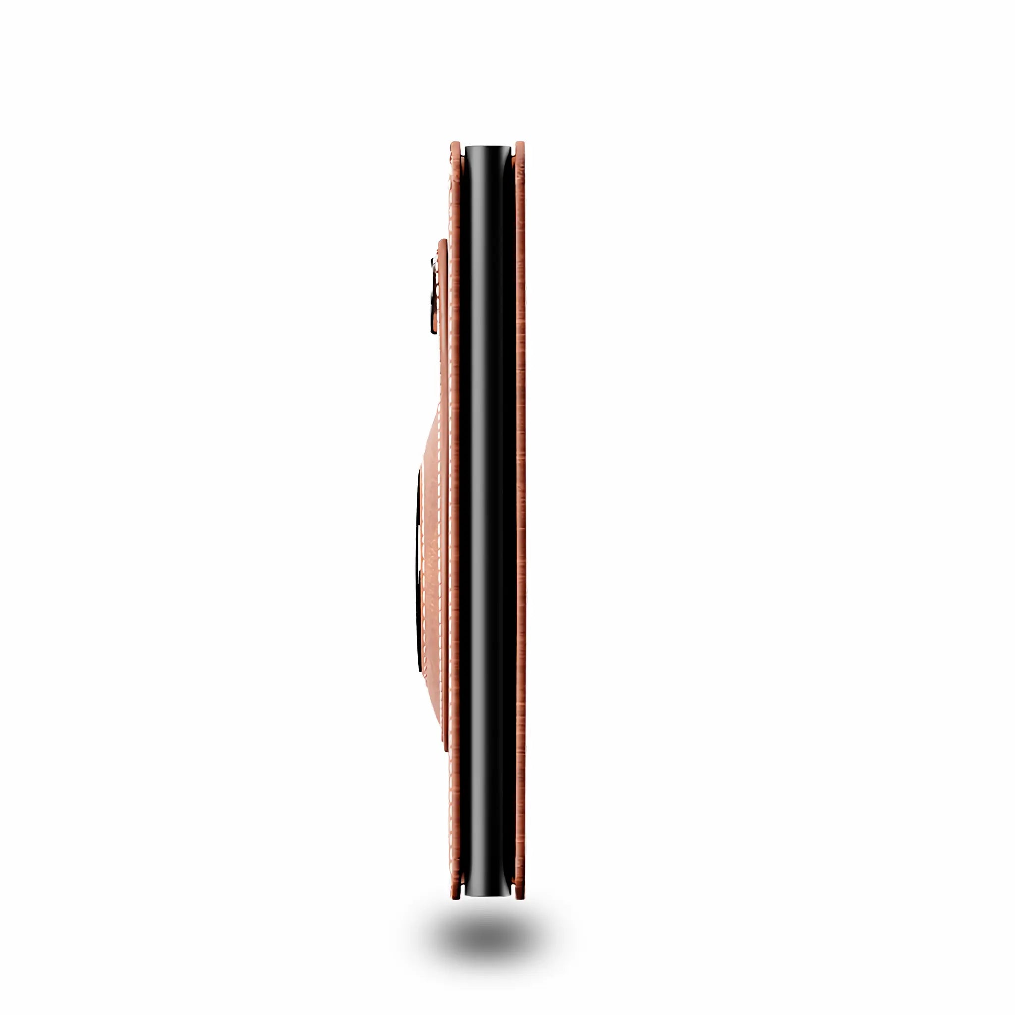 Slim side profile of Minimify Pro AirTag Wallet in premium leather showing thin, compact design