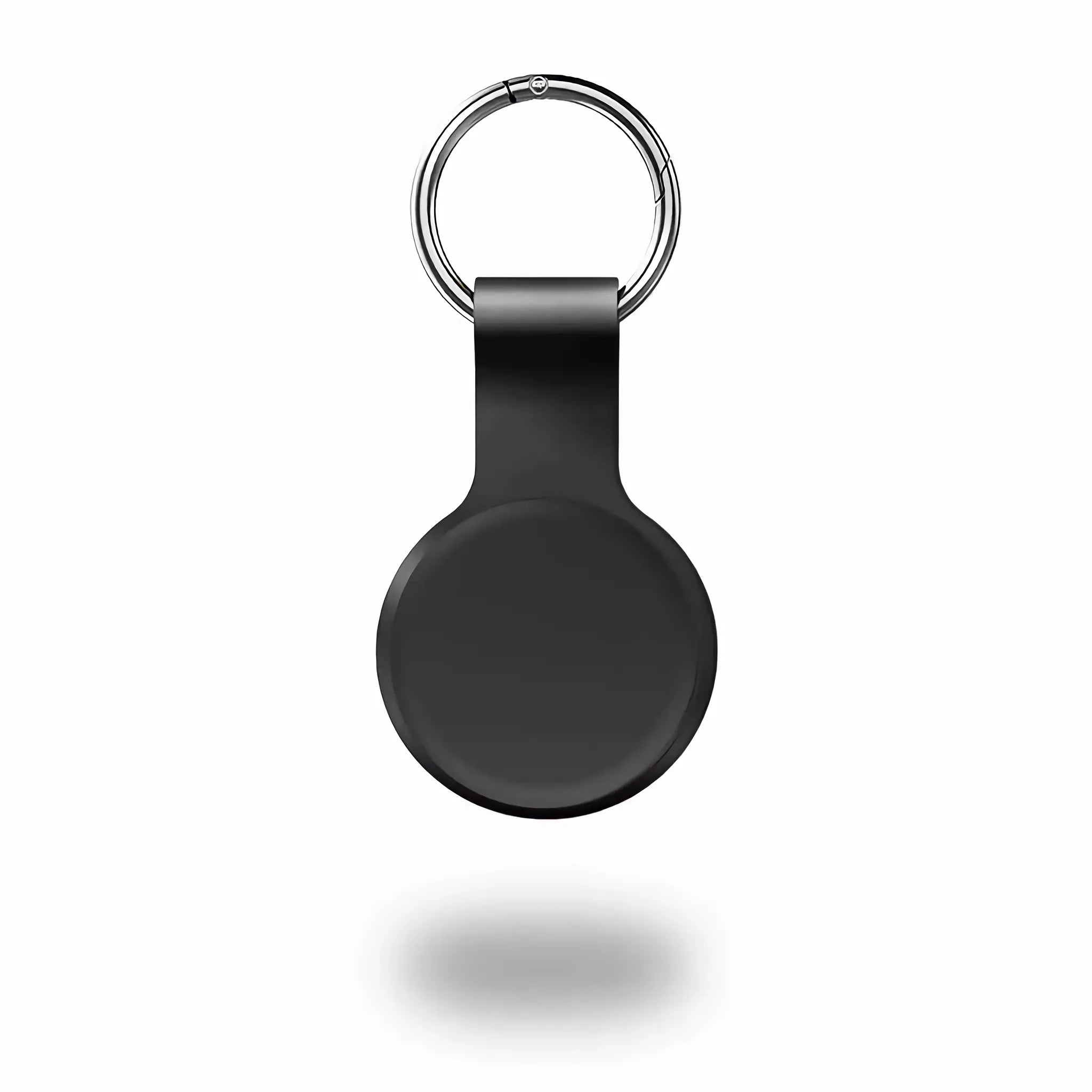 Minimify black silicone AirTag keychain, back view without AirTag inserted