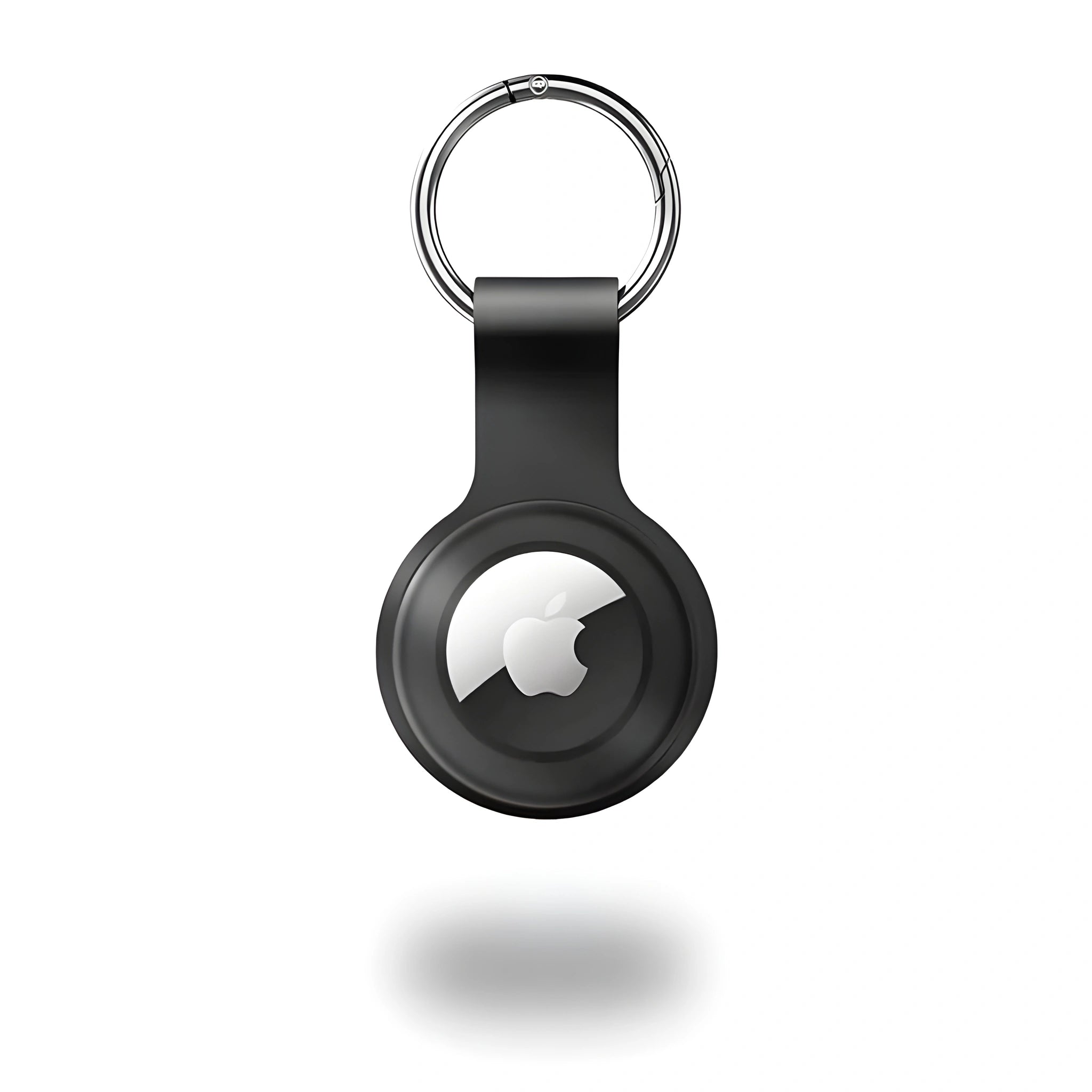 Minimify black silicone AirTag keychain with metal ring, front view showing Apple AirTag inserted