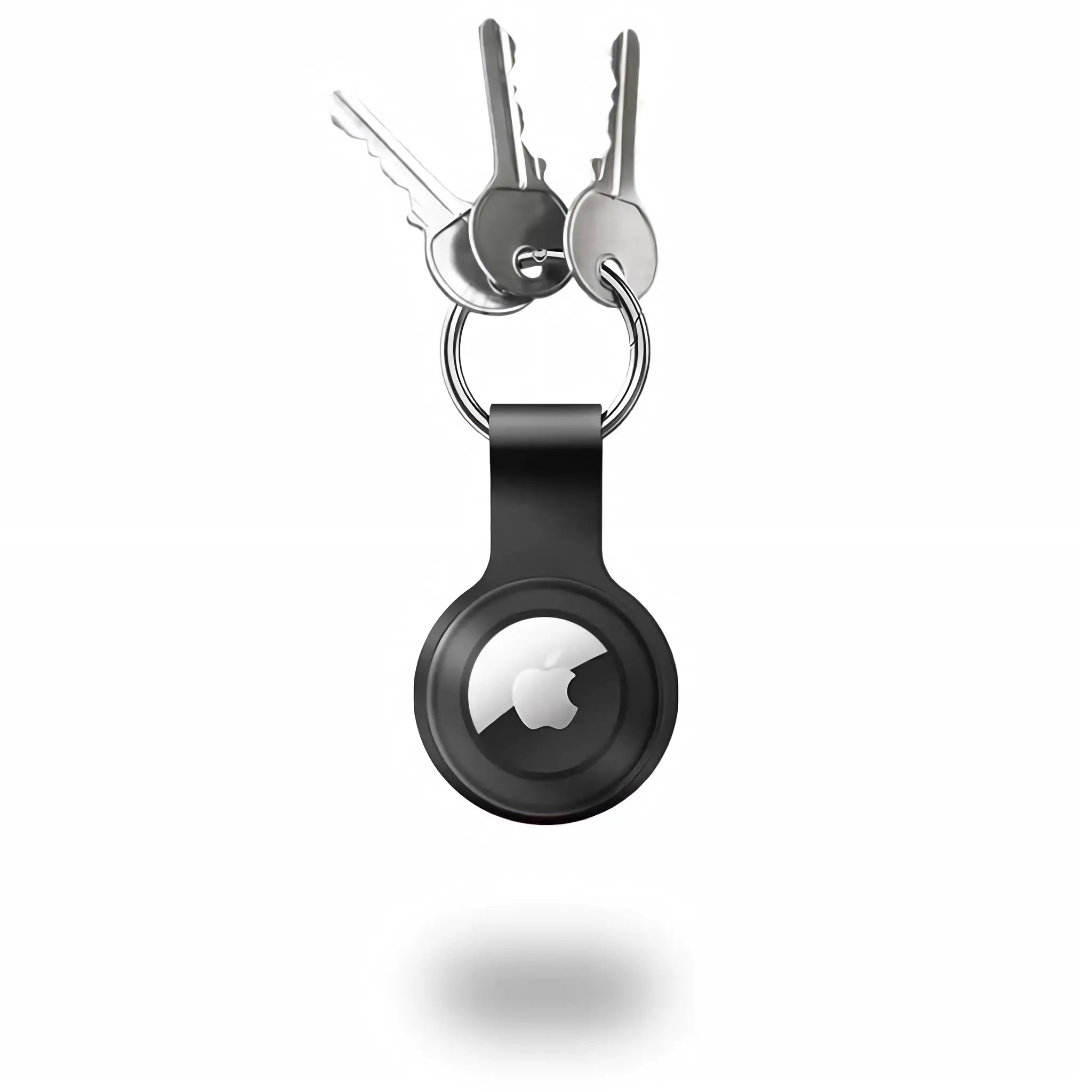 Minimify black silicone AirTag keychain attached to silver keys on metal ring