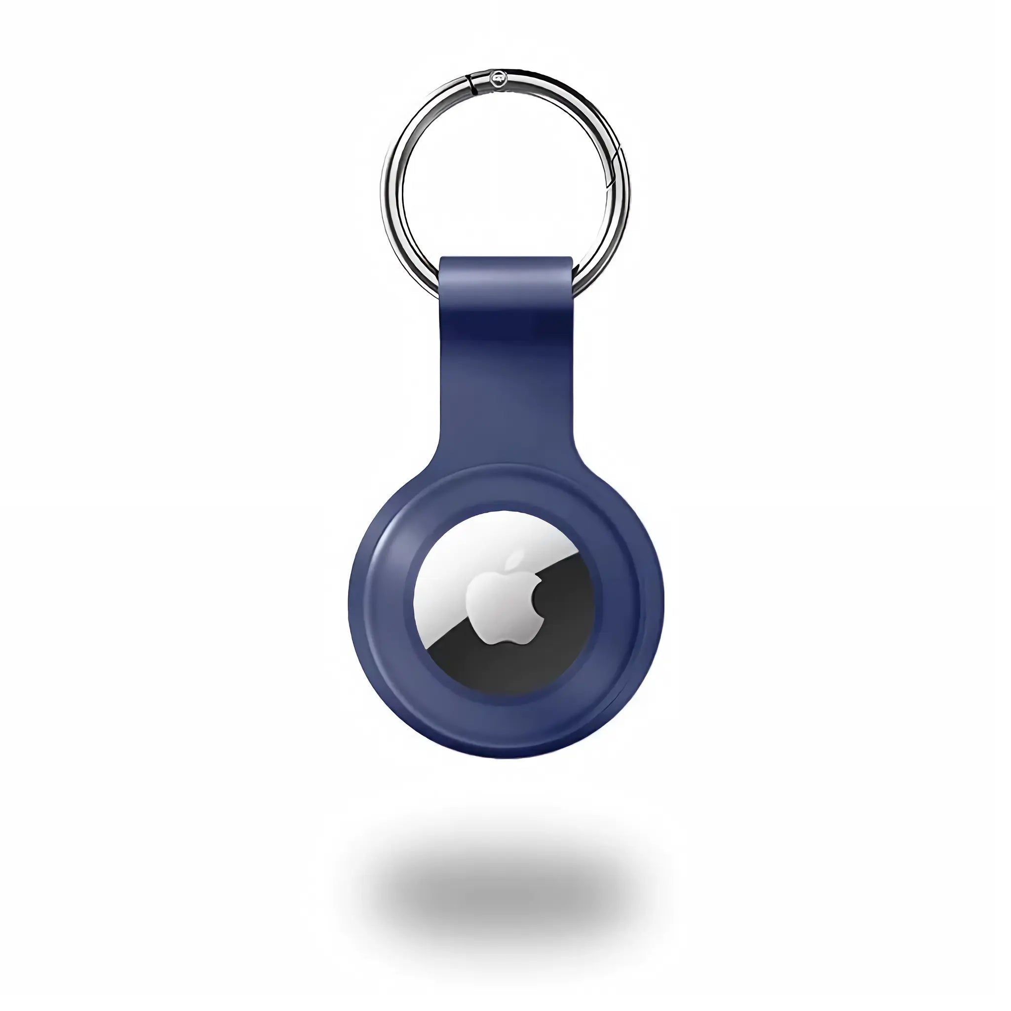 Minimify navy blue silicone AirTag keychain with metal ring, front view with Apple AirTag inside