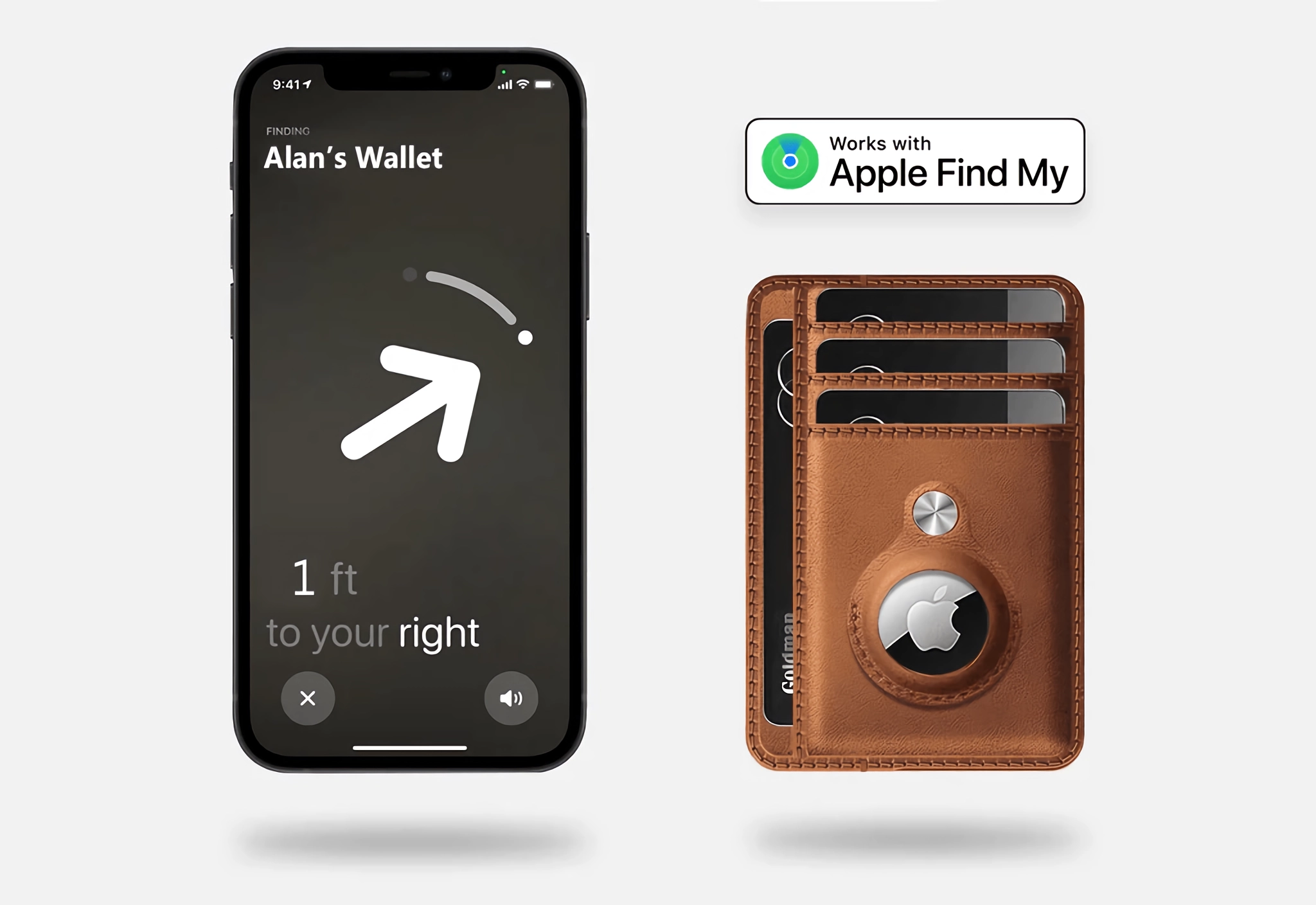 iPhone showing Apple Find My app tracking a Minimify Slim AirTag Wallet in Saddle Brown leather