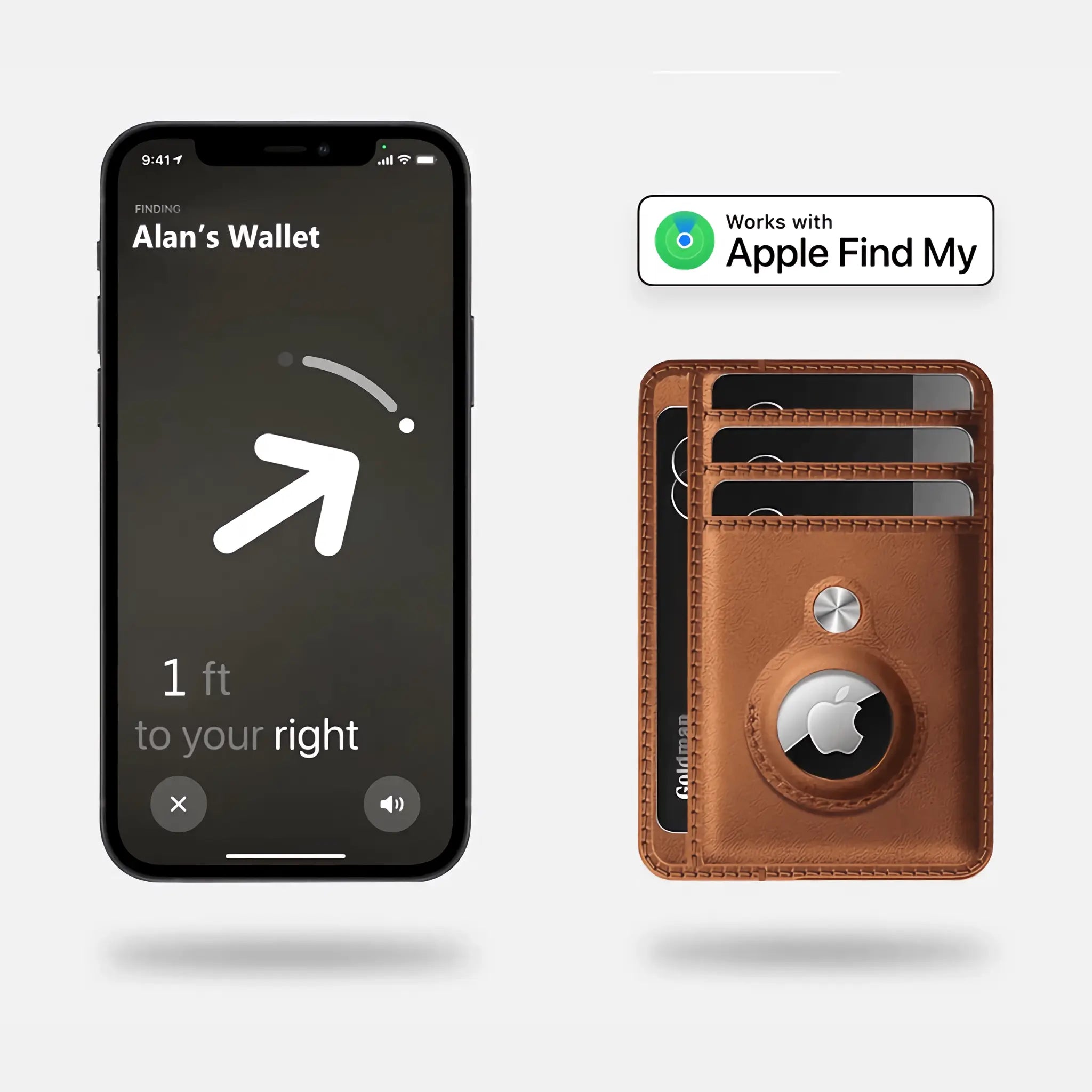 iPhone showing Apple Find My app tracking a Minimify Slim AirTag Wallet in Saddle Brown leather