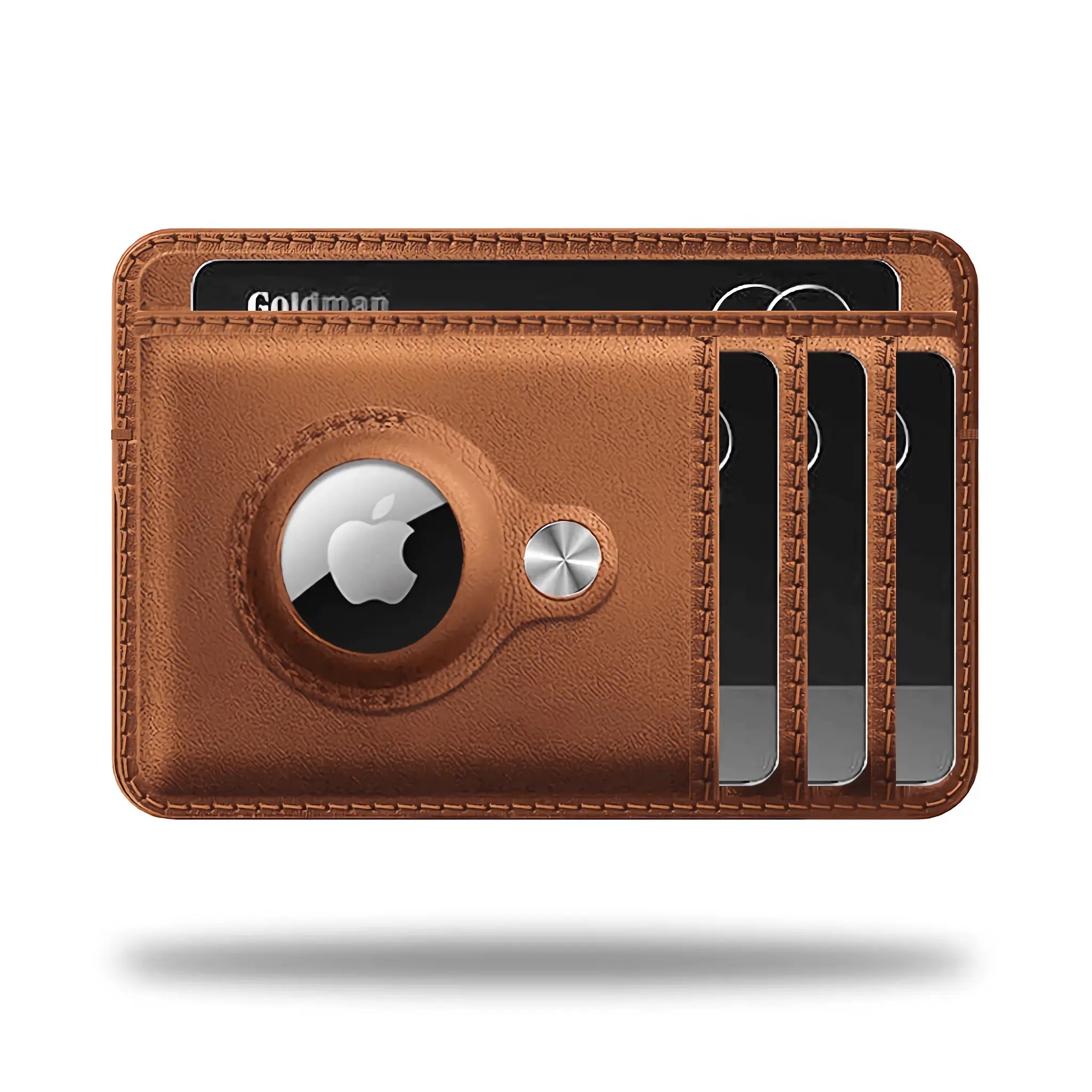 Minimify Slim AirTag Wallet in Saddle Brown premium leather with card slots and AirTag holder